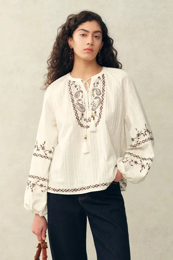 Brioche Beaded Tassel Tie Embroidery Blouse in Crinkled Cotton sold by Fabrique product image thumbnail 2