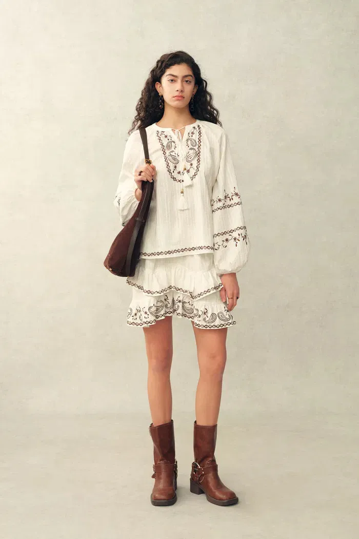 Brioche Beaded Tassel Tie Embroidery Blouse in Crinkled Cotton sold by Fabrique product image thumbnail 3
