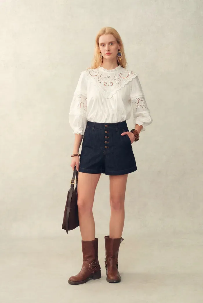 Iris V-Seam Embroidery Puffy Sleeve Blouse in Cotton Jacquard sold by Fabrique