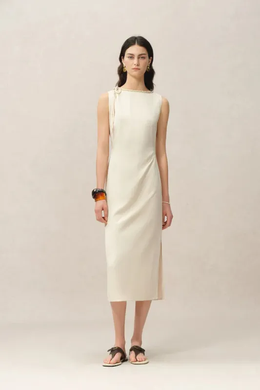Devon Hand Woven Neckline Sleeveless Dress in Linen made by Fabrique