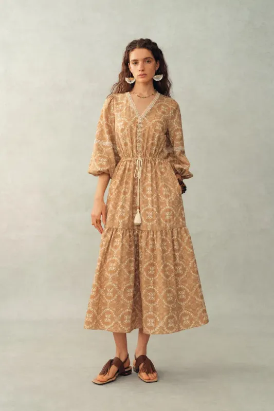 Sierra V Neck Lantern Sleeve Maxi Dress in Burnout Floral Fabric made by Fabrique