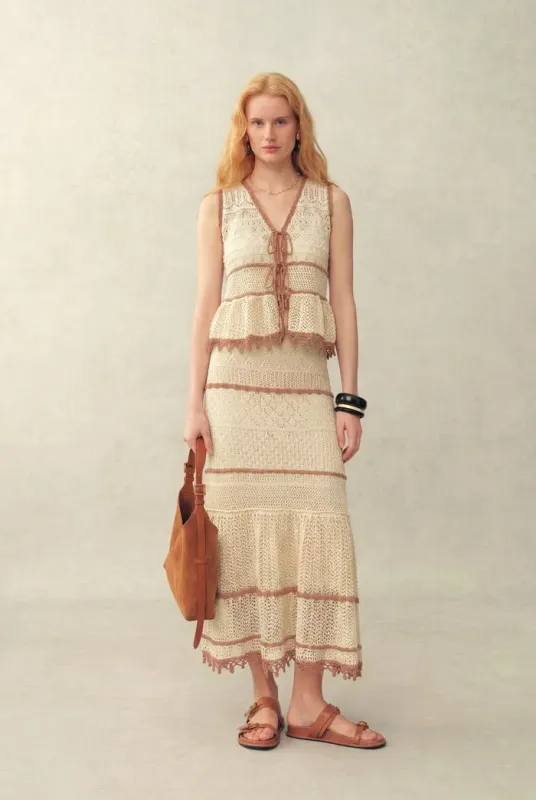 Malia Colorblock Sleeveless V Neck Top & Skirt Knit Set in Linen Crochet made by Fabrique