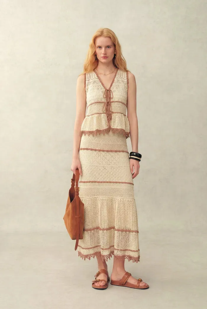 Malia Colorblock Sleeveless V Neck Top & Skirt Knit Set in Linen Crochet sold by Fabrique