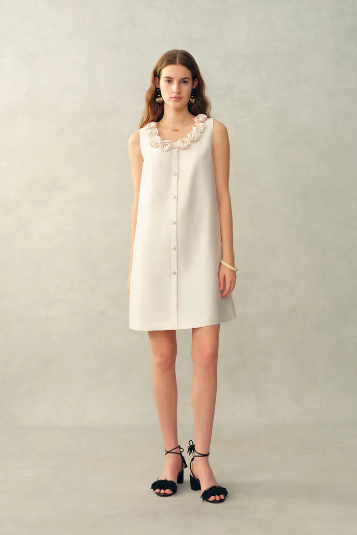 Yazmin 3D Floral Neckline Dress in Silk Wool Satin Knit sold by Fabrique
