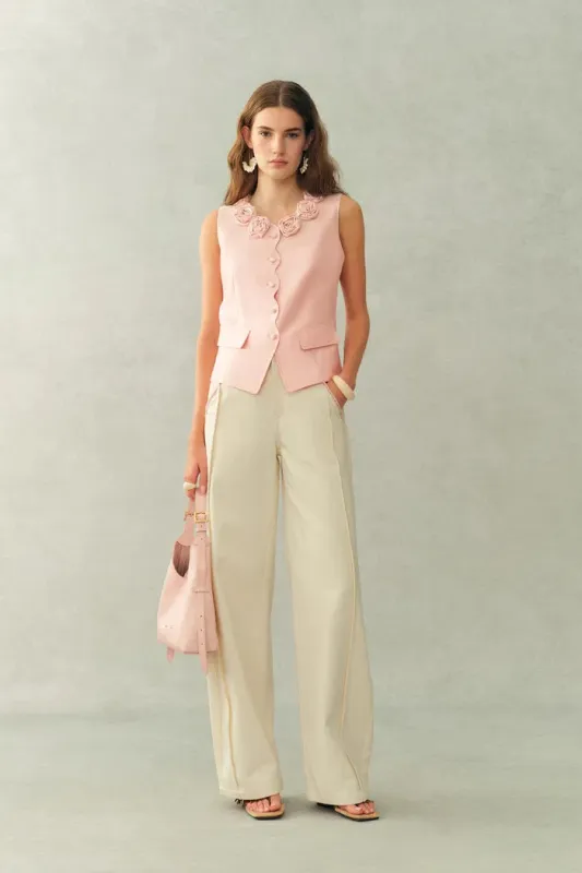 Cloris 3D Floral Neckline Sleeveless Vest Top in Silk Wool Satin made by Fabrique