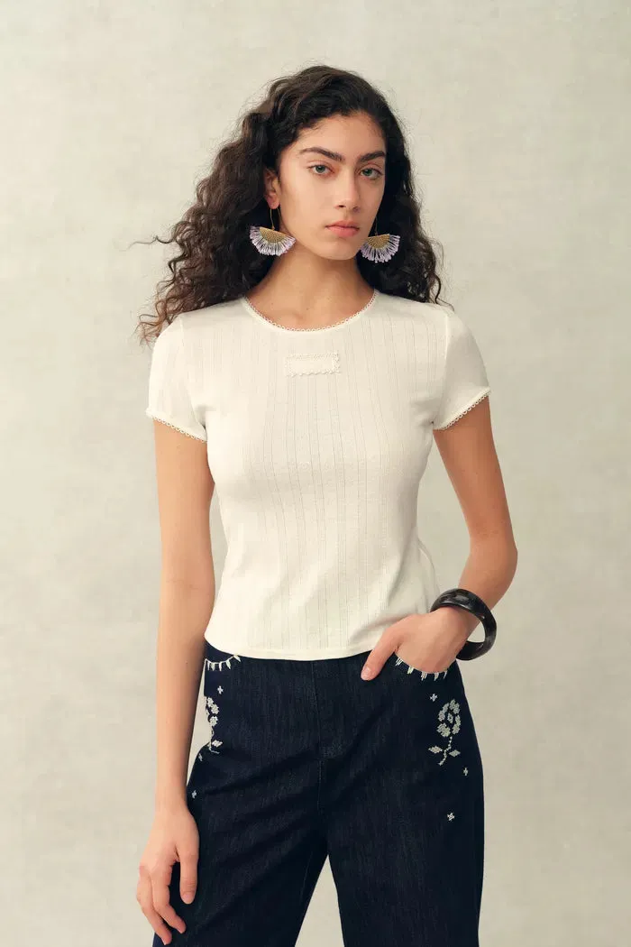 Eva Lacey Trim Short Sleeve T-shirt in Openwork Knit sold by Fabrique product image thumbnail 2