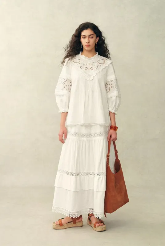 Iris V-Seam Embroidery Puffy Sleeve Blouse and Skirt Set in Cotton Jacquard made by Fabrique