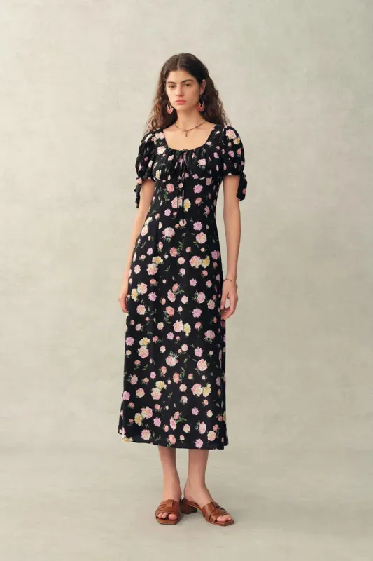 Manon Floral Adjustable Tie-Sleeve Dress in Stretch Silk Crepe de Chine made by Fabrique