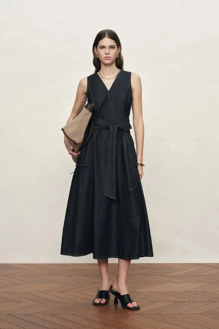 Sadie Lightweight Washed Sleeveless A line Dress in Cotton Denim sold by Fabrique