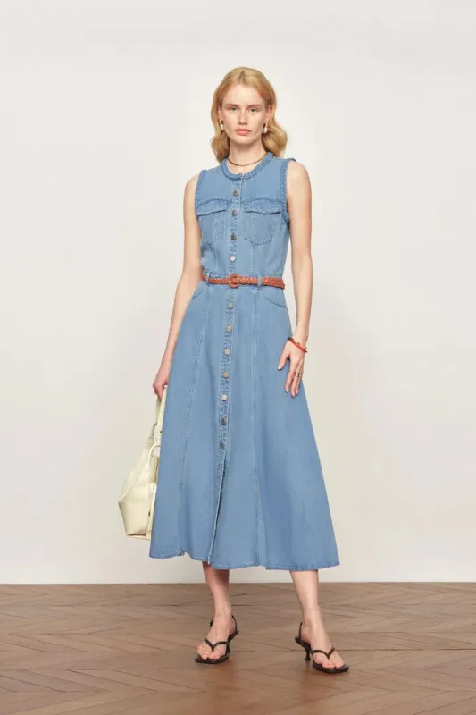 Nova Woven Strap Detail Sleeveless Denim Dress in Cotton-Linen Denim made by Fabrique
