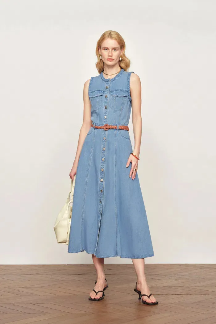 Nova Woven Strap Detail Sleeveless Denim Dress in Cotton-Linen Denim sold by Fabrique