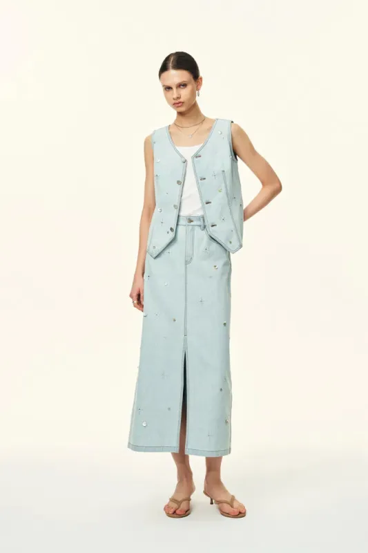 Jean Handwork Bead Denim Vest Top in Cotton Denim made by Fabrique