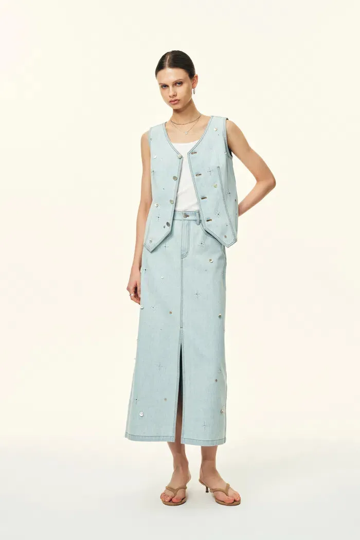 Jean Handwork Bead Denim Vest Top in Cotton Denim sold by Fabrique