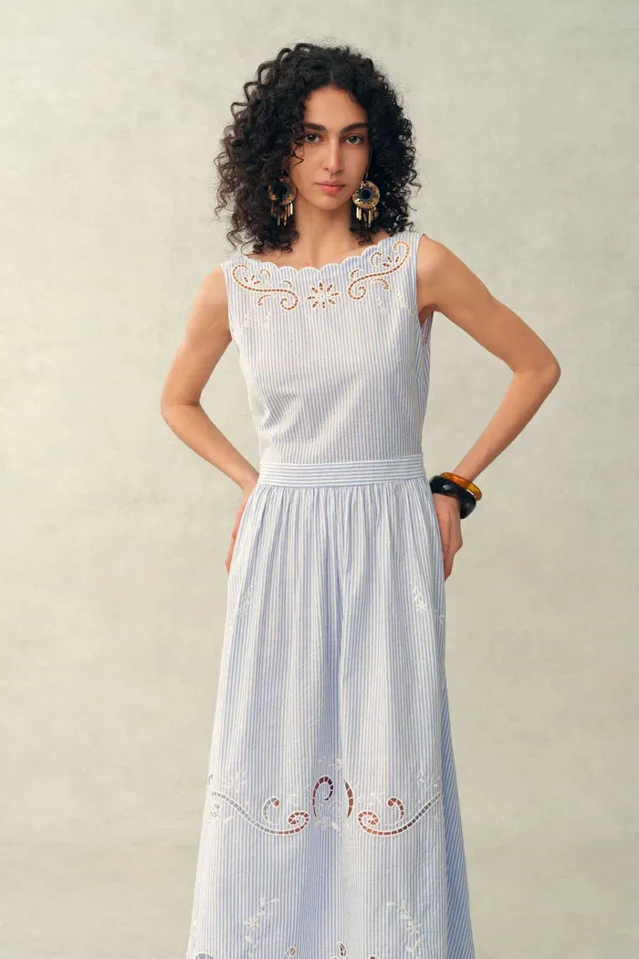 Gracie Striped Embroidered Open-back Sleeveless Dress in Crinkled Cotton sold by Fabrique product image thumbnail 5