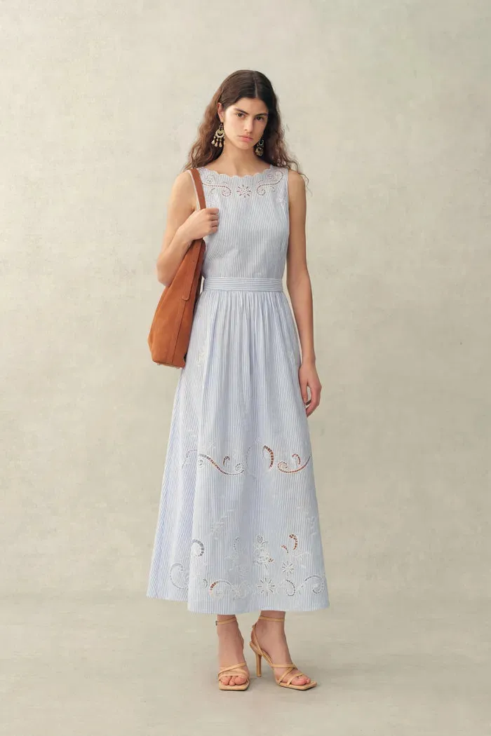 Gracie Striped Embroidered Open-back Sleeveless Dress in Crinkled Cotton sold by Fabrique product image thumbnail 2