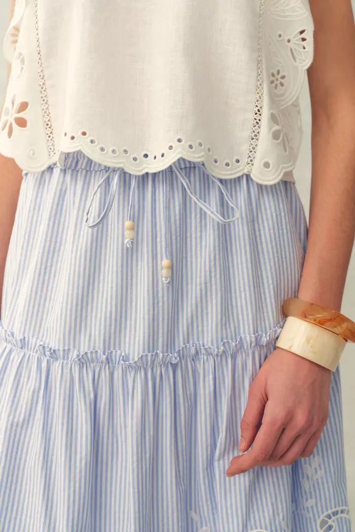 Bree Striped Embroidered Drawstring Tiered Skirt in Crinkled Cotton sold by Fabrique product image thumbnail 5