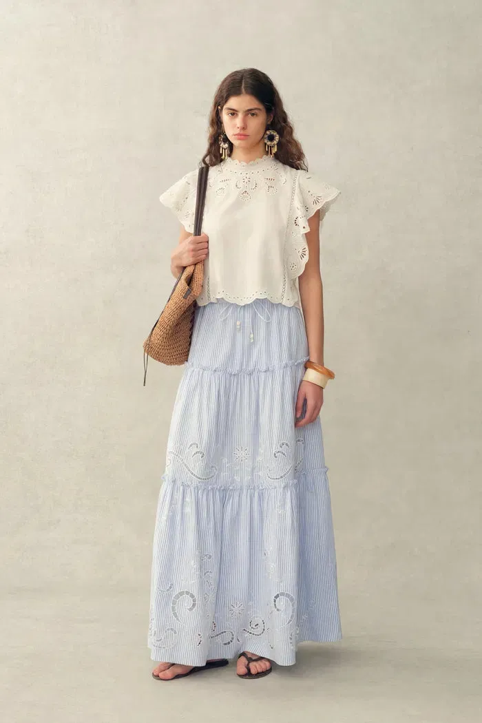 Bree Striped Embroidered Drawstring Tiered Skirt in Crinkled Cotton sold by Fabrique product image thumbnail 2