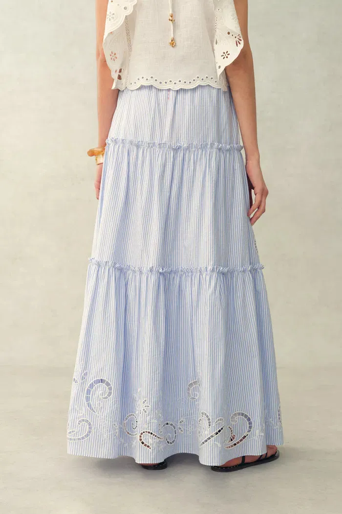 Bree Striped Embroidered Drawstring Tiered Skirt in Crinkled Cotton sold by Fabrique product image thumbnail 4