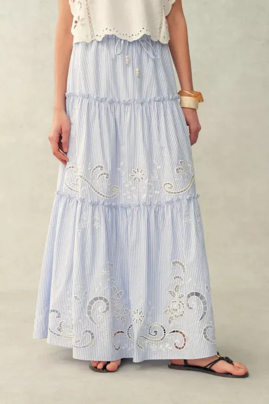 Bree Striped Embroidered Drawstring Tiered Skirt in Crinkled Cotton made by Fabrique