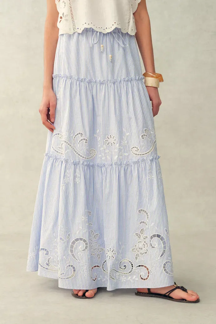 Bree Striped Embroidered Drawstring Tiered Skirt in Crinkled Cotton sold by Fabrique
