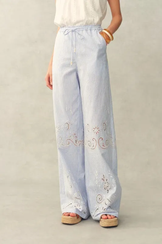 Holly Striped Embroidered Drawstring Wide Leg Pant in Crinkled Cotton made by Fabrique