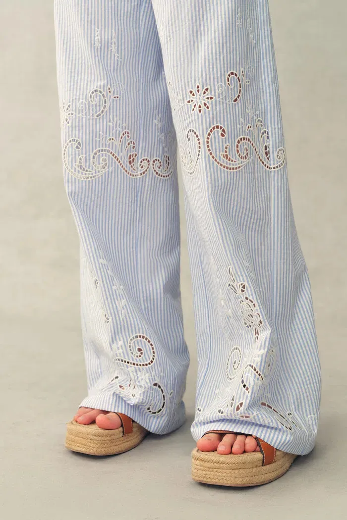 Holly Striped Embroidered Drawstring Wide Leg Pant in Crinkled Cotton sold by Fabrique product image thumbnail 5