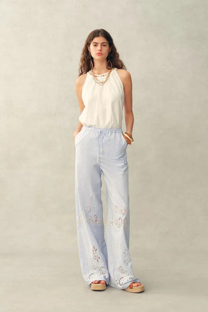 Holly Striped Embroidered Drawstring Wide Leg Pant in Crinkled Cotton sold by Fabrique product image thumbnail 2