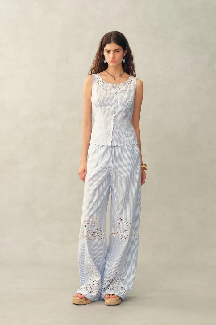 Holly Striped Embroidered Drawstring Wide Leg Pant in Crinkled Cotton sold by Fabrique product image thumbnail 3