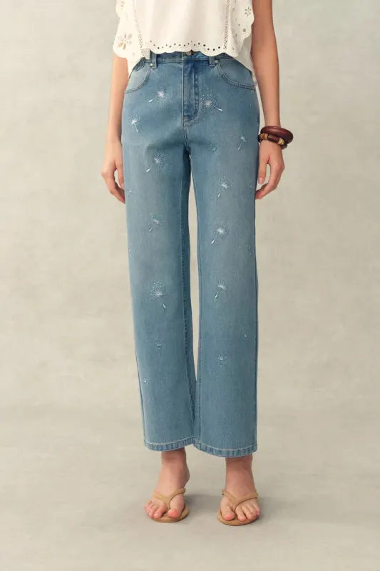 Annette Embroidered Crystal Embellished Dandelion Cropped Straight Leg Jeans in Stretch Cotton Denim made by Fabrique