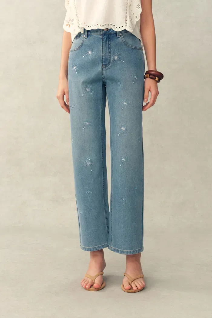 Annette Embroidered Crystal Embellished Dandelion Cropped Straight Leg Jeans in Stretch Cotton Denim sold by Fabrique