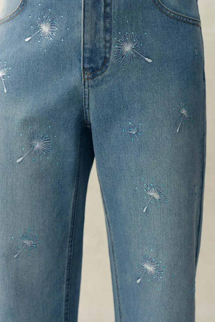 Annette Embroidered Crystal Embellished Dandelion Cropped Straight Leg Jeans in Stretch Cotton Denim sold by Fabrique product image thumbnail 5