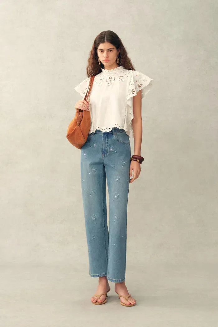 Annette Embroidered Crystal Embellished Dandelion Cropped Straight Leg Jeans in Stretch Cotton Denim sold by Fabrique product image thumbnail 2