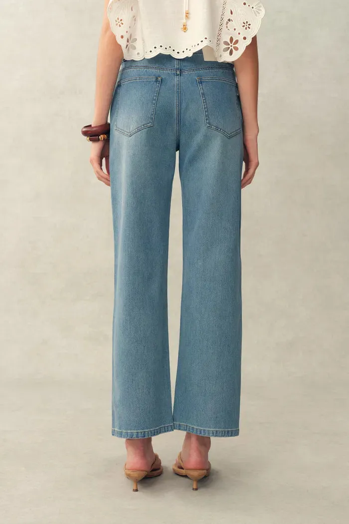 Annette Embroidered Crystal Embellished Dandelion Cropped Straight Leg Jeans in Stretch Cotton Denim sold by Fabrique product image thumbnail 3