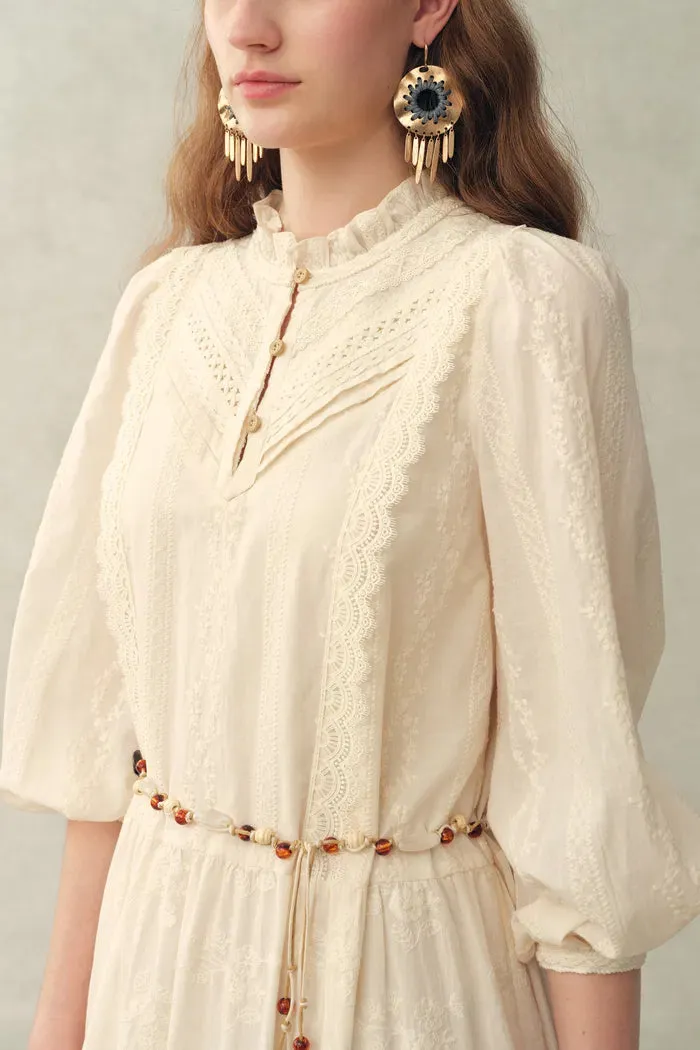 Lyra Embroidery Beaded Waist Puff Sleeve Dress in Cotton Jacquard with Lace sold by Fabrique product image thumbnail 4