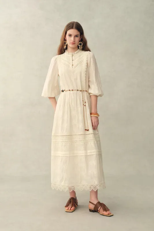 Lyra Embroidery Beaded Waist Puff Sleeve Dress in Cotton Jacquard with Lace made by Fabrique