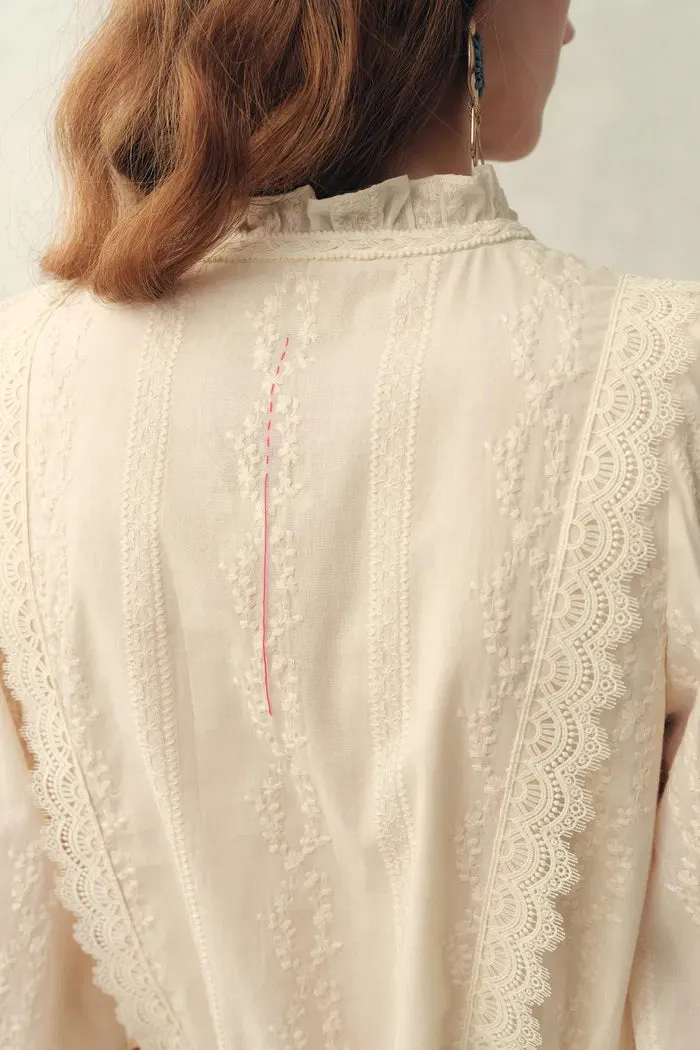 Lyra Embroidery Beaded Waist Puff Sleeve Dress in Cotton Jacquard with Lace sold by Fabrique product image thumbnail 5
