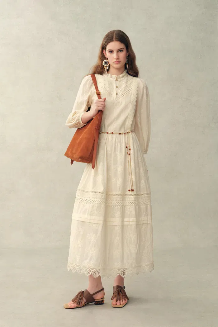 Lyra Embroidery Beaded Waist Puff Sleeve Dress in Cotton Jacquard with Lace sold by Fabrique product image thumbnail 3