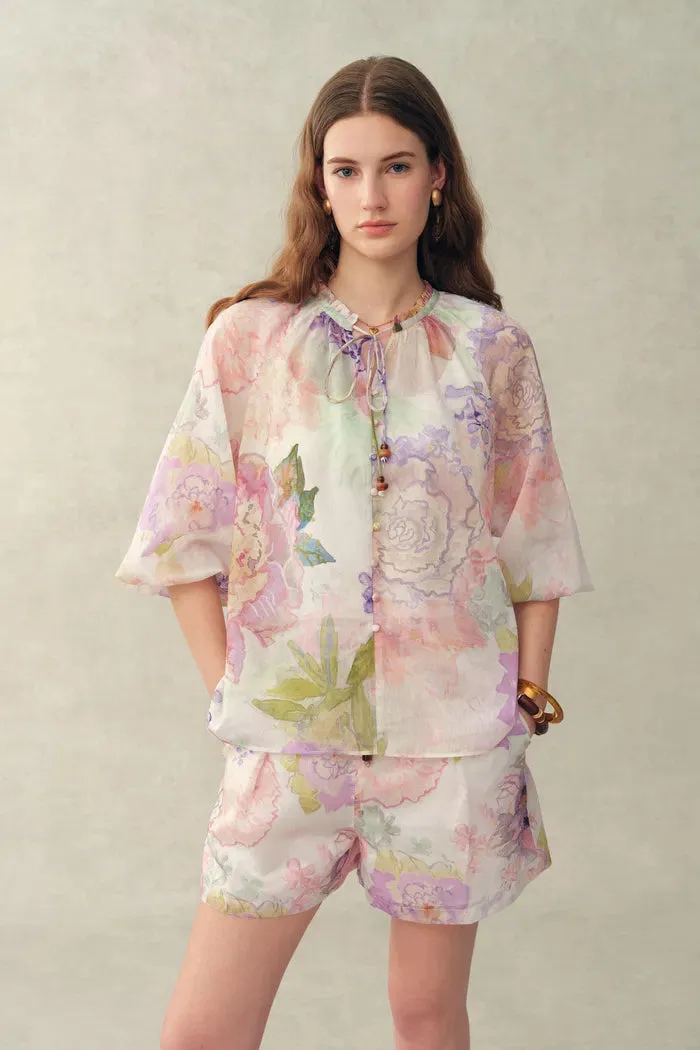 Yori Handpainted Floral Print Sheer Beaded Puff Sleeve Blouse and Shorts Set in Silk Linen Blend sold by Fabrique product image thumbnail 2
