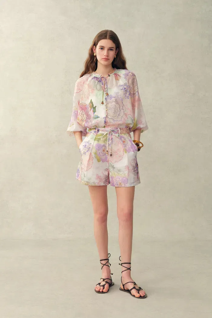 Yori Handpainted Floral Print Sheer Beaded Puff Sleeve Blouse in Silk Linen Blend sold by Fabrique product image thumbnail 3