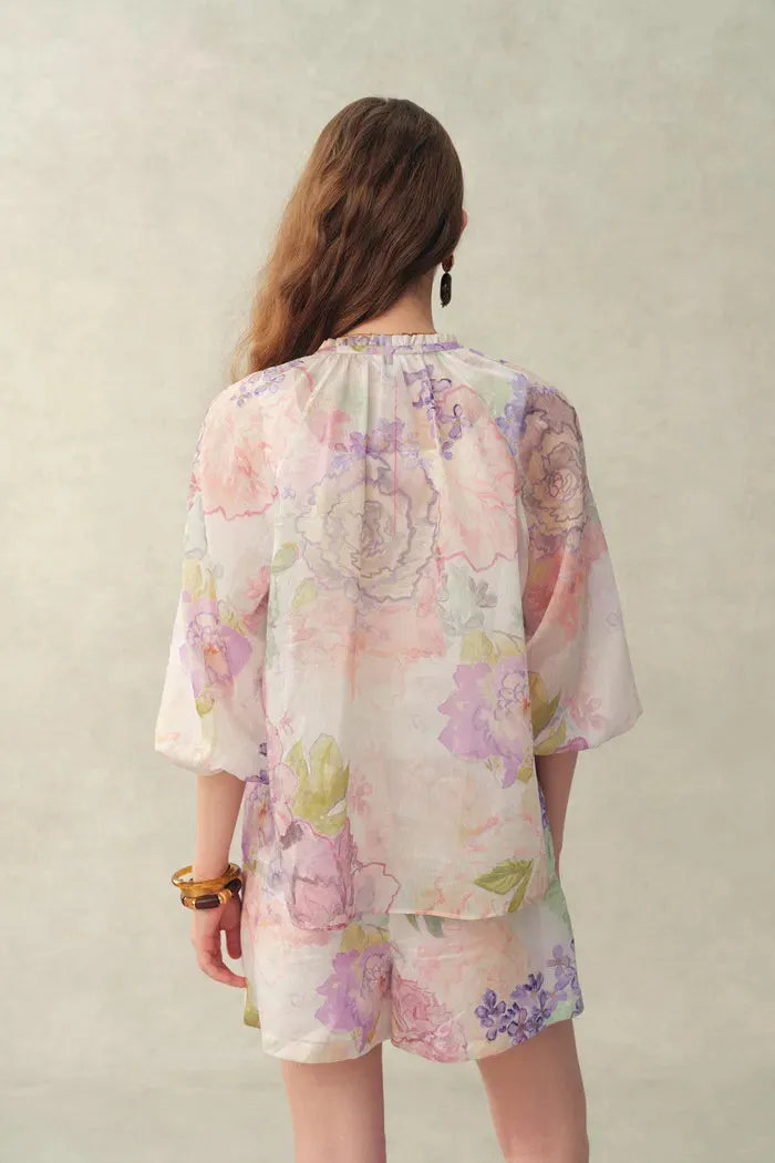 Yori Handpainted Floral Print Sheer Beaded Puff Sleeve Blouse in Silk Linen Blend sold by Fabrique product image thumbnail 4
