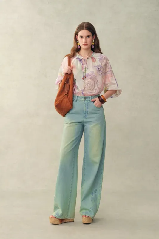 Yori Handpainted Floral Print Sheer Beaded Puff Sleeve Blouse in Silk Linen Blend made by Fabrique