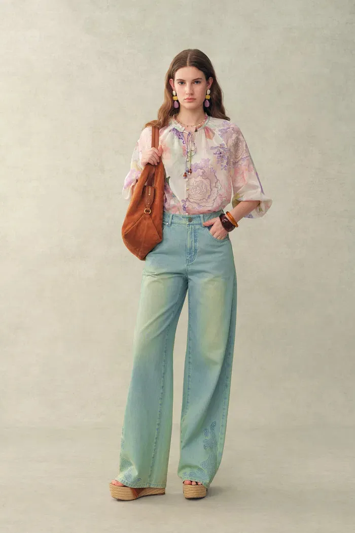 Yori Handpainted Floral Print Sheer Beaded Puff Sleeve Blouse in Silk Linen Blend sold by Fabrique