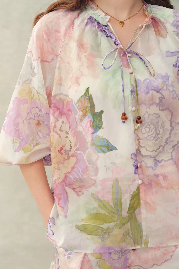 Yori Handpainted Floral Print Sheer Beaded Puff Sleeve Blouse in Silk Linen Blend sold by Fabrique product image thumbnail 5