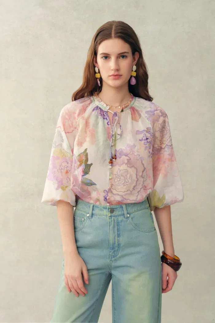 Yori Handpainted Floral Print Sheer Beaded Puff Sleeve Blouse in Silk Linen Blend sold by Fabrique product image thumbnail 2