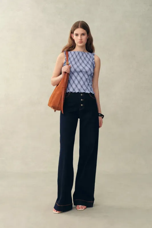 Crystal Handworked Sleeveless Plaid Top in Stretch Bubble Cotton made by Fabrique