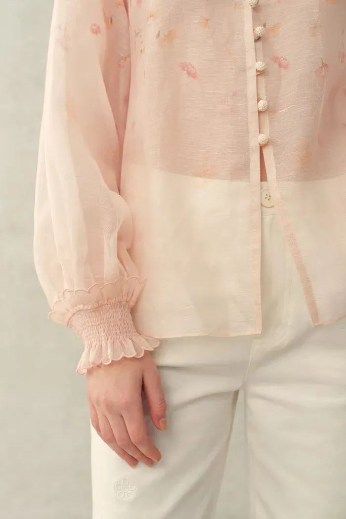 Lillian Handpainted Floral Embroidery Sheer Ombré Print Blouse and Shorts Set in Silk Linen Organza sold by Fabrique product image thumbnail 5