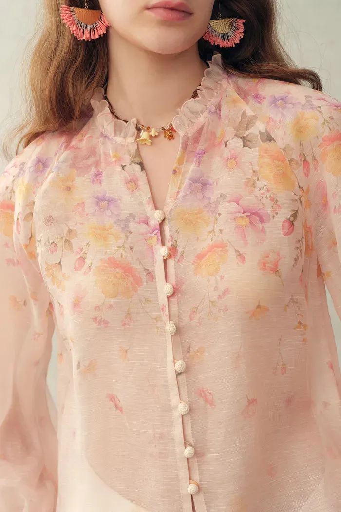 Lillian Handpainted Floral Embroidery Sheer Ombré Print Blouse and Shorts Set in Silk Linen Organza sold by Fabrique product image thumbnail 3