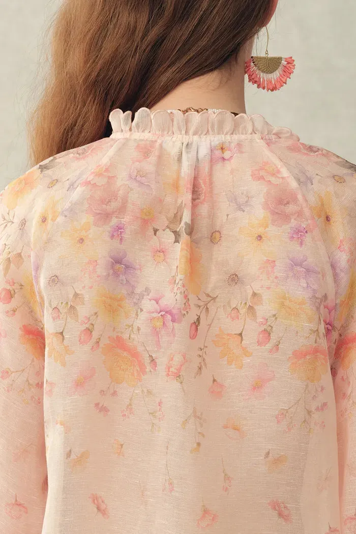 Lillian Handpainted Floral Embroidery Sheer Ombré Print Blouse and Shorts Set in Silk Linen Organza sold by Fabrique product image thumbnail 4