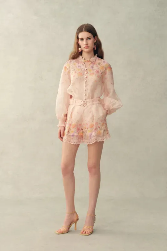 Lillian Handpainted Floral Embroidery Sheer Ombré Print Blouse and Shorts Set in Silk Linen Organza made by Fabrique