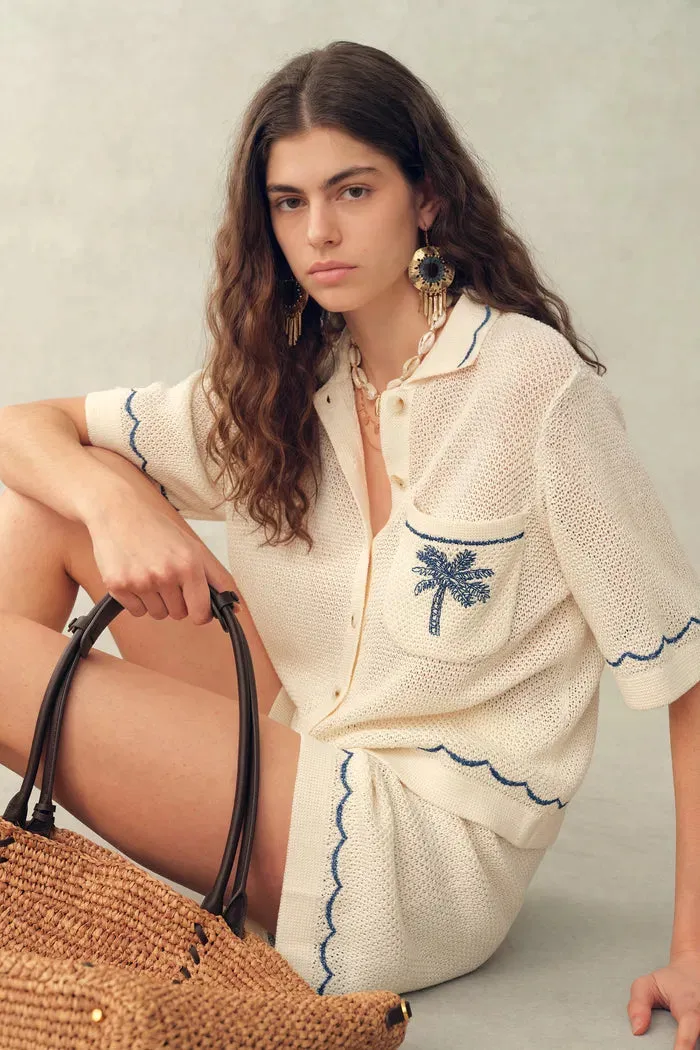 Oriel Palm Handworked Embroidery Buttoned Cardigan and Shorts Set in Linen Blend Knit sold by Fabrique product image thumbnail 5
